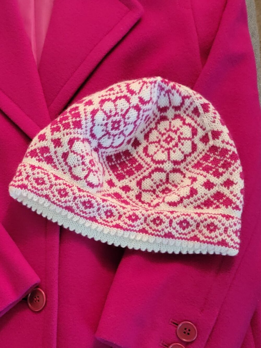 Hand Crafted Handmade Hand Knit Flower Beanie Hat with Picot Edging - Adult Size - Picture 5 of 5